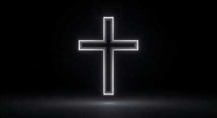 Obraz premium Neon Cross Light on Black Background Illuminated Religious Symbol for Spiritual and Worship Themes