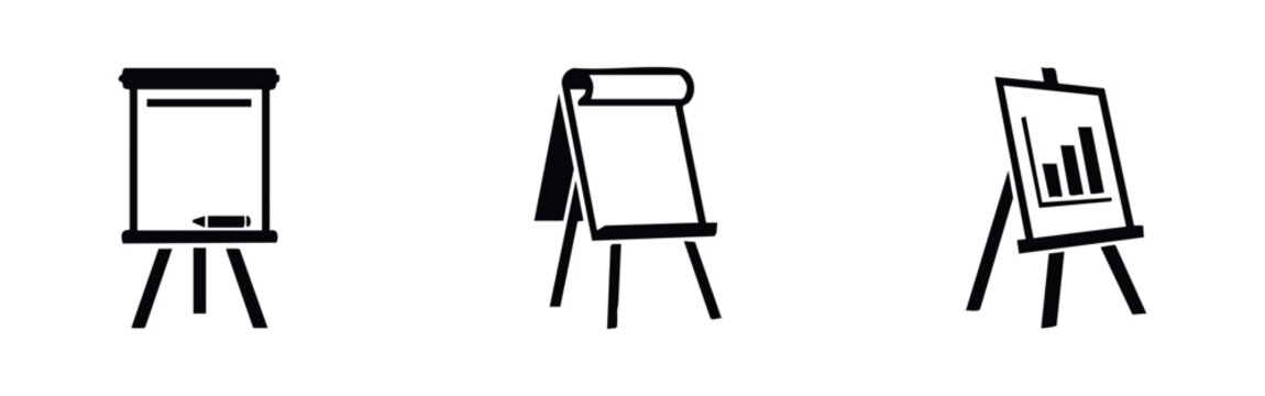 Professional black icon set featuring presentation flipcharts and a bar chart easel on a white background. Ideal for business and education design.