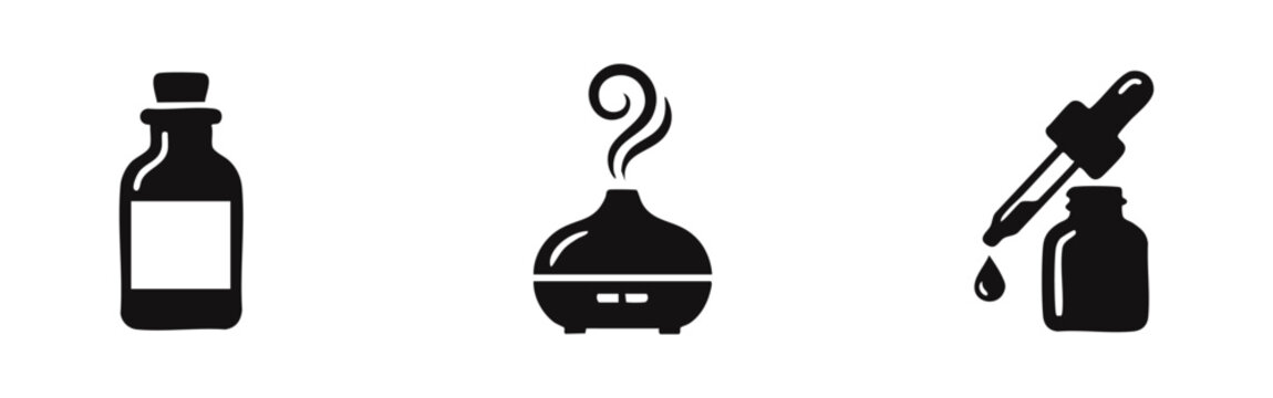 Black and white icon set of aromatherapy essentials including a natural oil bottle, an electric scent diffuser, and a dropper bottle with pipette.