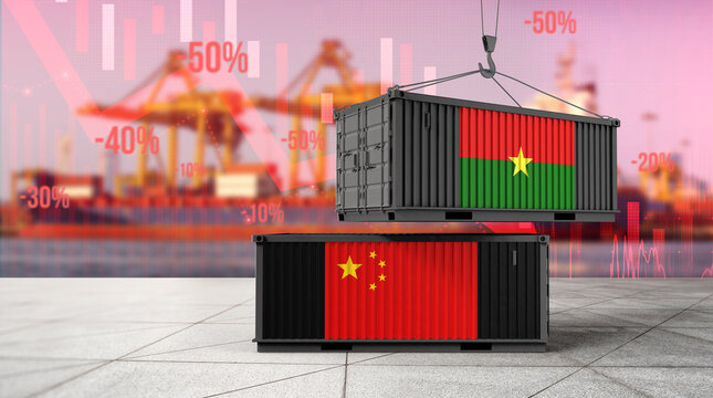 Global Trade Dynamics: Two shipping containers, adorned with national flags, are suspended against a backdrop of global economic fluctuations.