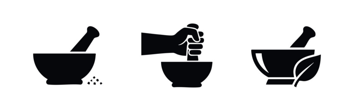 Minimalist mortar and pestle icons set, representing herbal medicine, apothecary, and cooking concepts. Black silhouettes on a white background.