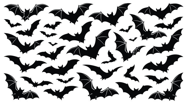 Set of black bat silhouettes collection of halloween bats flying in different positions for spooky holiday decoration