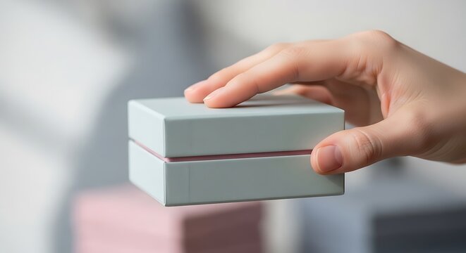 Hand Holding a Small Elegant Light Blue Jewelry Gift Box