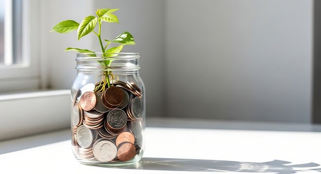 Money growing in a jar, plant sprouting from coins, financial growth concept
