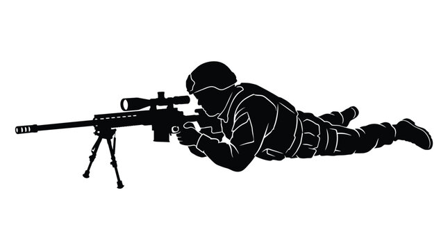 Silhouette of a sniper lying in a prone position with a rifle on a bipod, military soldier aiming with a sniper weapon, tactical gear and helmet, vector illustration