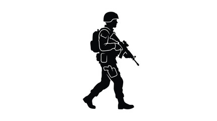 Obraz premium Silhouette of a soldier walking with a rifle, military personnel in combat gear, army infantryman on patrol, vector illustration