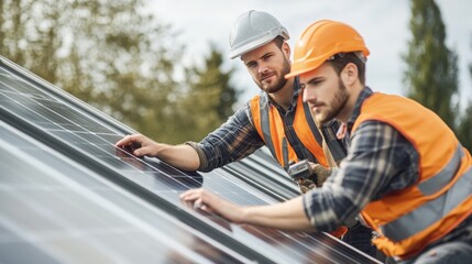 Obraz premium Two technicians in safety gear installing solar panel on roof outdoors