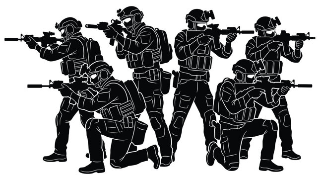 Set of silhouettes of soldiers in tactical gear with rifles, special forces operators in combat uniforms, military team in action, vector illustration