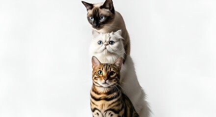 Obraz premium Three cats stacked on top of each other looking directly at the camera
