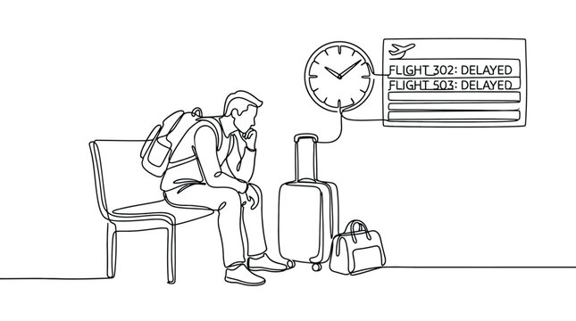 Continuous line drawing of a traveler sitting in an airport terminal waiting for a delayed flight, with luggage and a clock showing the time, minimalist design concept