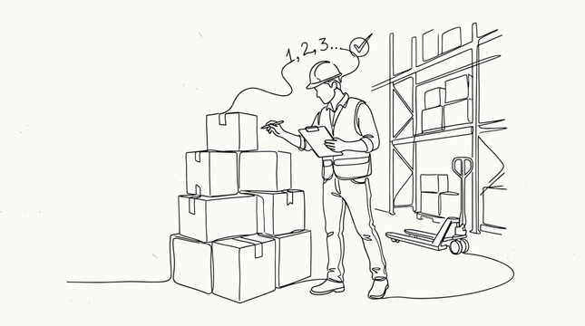 Continuous line drawing of a warehouse worker checking inventory a man in a hard hat and safety vest counts boxes with a clipboard in a logistics center