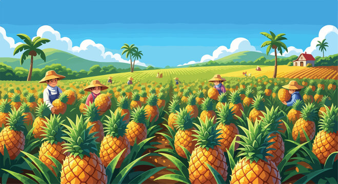 A vibrant pineapple field with workers harvesting fruit under a sunny sky