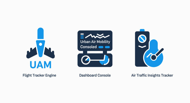 Urban air mobility uam technology icons including vehicle flight status dashboard console and energy metrics tracker with technology dashboard mobility transport interface monitoring aircraft