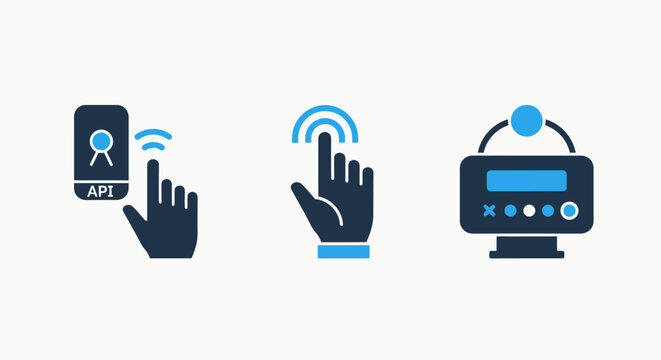 Collection of digital interface interaction icons featuring hand gestures for mobile app touchscreen programming and system api monitoring dashboard for software developers touchscreen interface