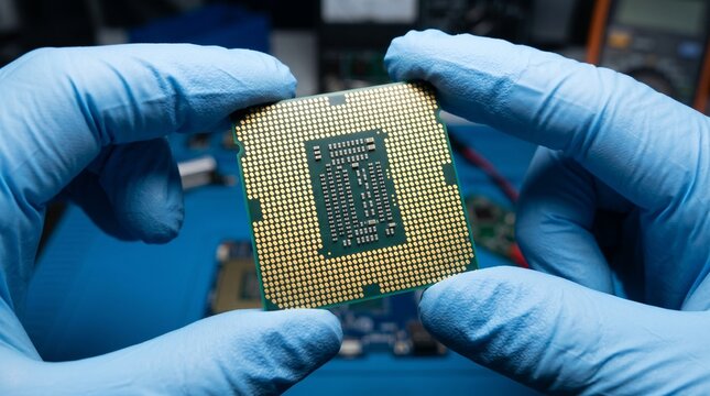 Detalle de CPU con Contactos Dorados en Proceso de Ensamblaje Tecnol&oacute;gico