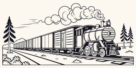 a black and white illustration of a steam train traveling through a snowy landscape Vector ©  MST RABEYA  BEGUM