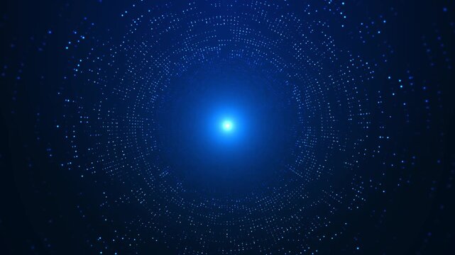 4K futuristic circles Abstract Tunnel background elements. 3D abstract digital wave of glowing particles and wireframe. Technology concept. Abstract background. Interplay of waves, lights, music sound