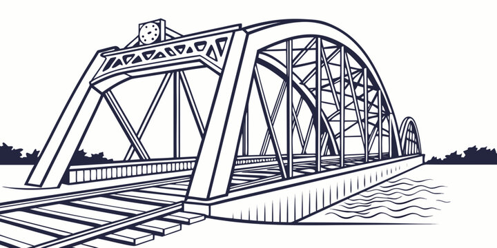 a large metal truss bridge with a single arch Vector