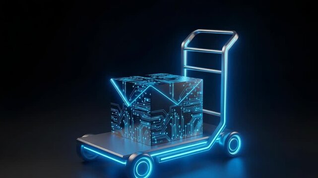 Glowing Futuristic Cube With Circuit Board Design Being Transported By Neon Outlined Hand Truck Against Dark Background Concepts Of Digital Data Delivery