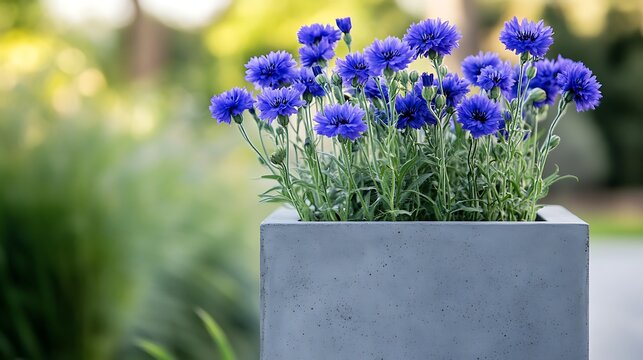 A cube-shaped concrete pot with a matte finish, featuring bold blue cornflowers 