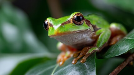 Obraz premium Macro portrait of a vibrant green tree frog with bright orange eyes on a green leaf.