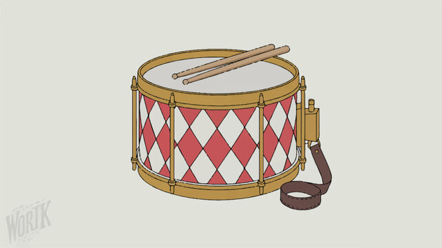 A red and white drum with a brown strap and drumsticks on top