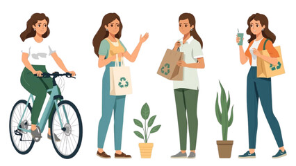 Fototapeta premium Sustainable lifestyle choices with women on bicycle carrying shopping bags and plants promoting eco-friendly living and zero waste