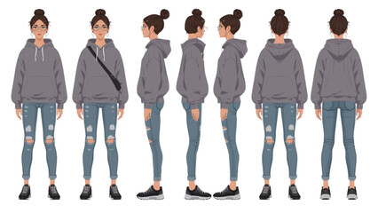 Obraz premium Casual Young Woman Character Model Sheet in Gray Hoodie and Ripped Jeans with Multiple Poses for Fashion Design and Animation Reference