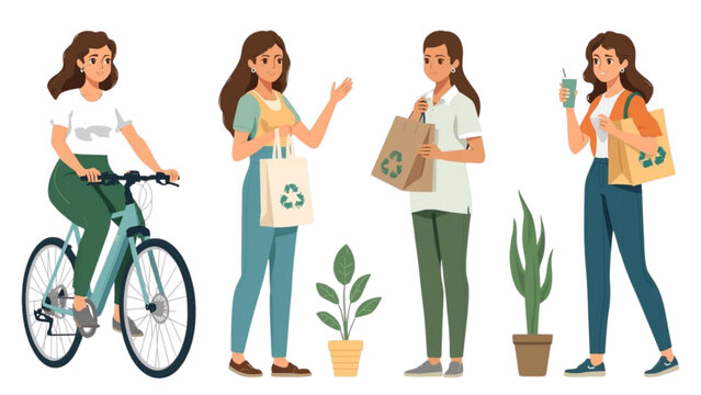 Sustainable lifestyle choices with women on bicycle carrying shopping bags and plants promoting eco-friendly living and zero waste