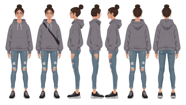 Casual Young Woman Character Model Sheet in Gray Hoodie and Ripped Jeans with Multiple Poses for Fashion Design and Animation Reference