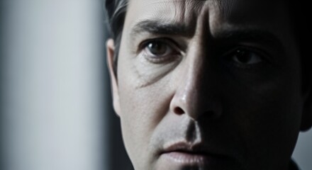 Fototapeta premium Close-up portrait of a man with a scar, intense gaze, dramatic lighting
