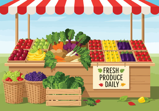 A colorful fruit and vegetable stand with a striped awning