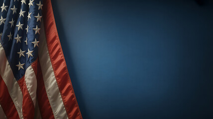 American flag on blue background with copy space, patriotic symbol for independence day, veterans day, memorial day, and other national holidays.