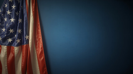 American flag on blue background with copy space, patriotic symbol for independence day, veterans day, memorial day, and other national holidays.