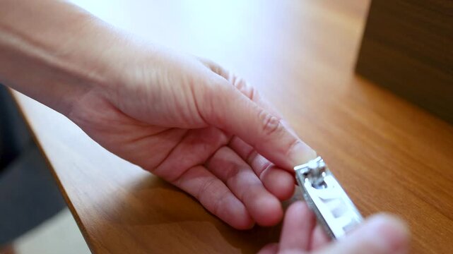 Close Up of Asian Hand Cutting Nails with Metal Clipper