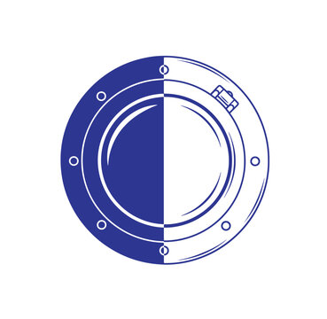 blue and white porthole with hatch and bolts on white background