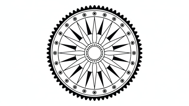 black and white illustration of a cogwheel with sunburst pattern  gear design element
