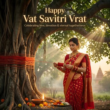 Woman celebrating vat savitri vrat festival tying sacred thread around banyan tree trunk