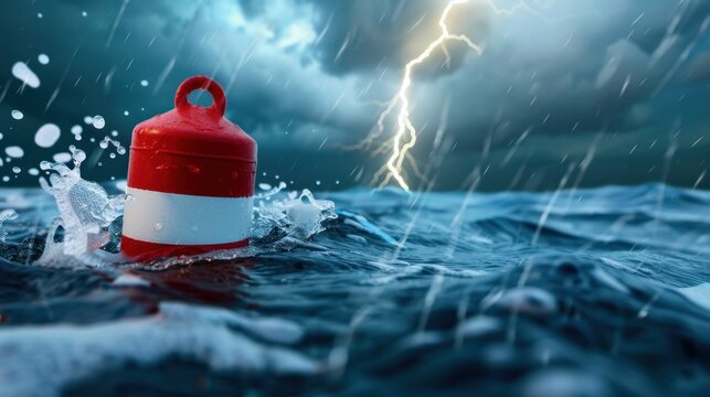 Stormy Sea Scene with Buoy in Turbulent Waters and Dramatic Lightning in the Background