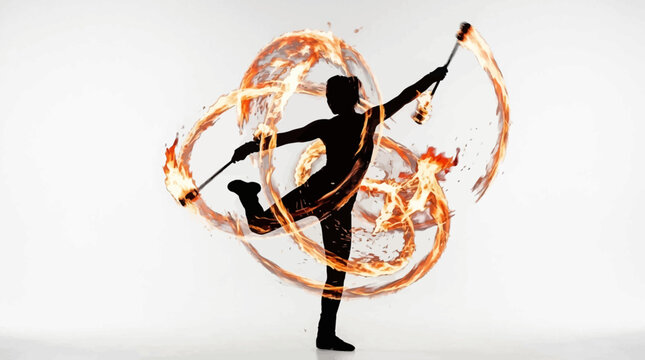 Silhouette of a person performing fire dancing with flaming torches
