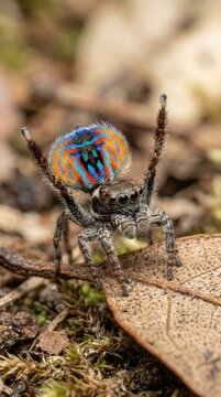 Male peacock spider Maratus volans performing courtship display dance