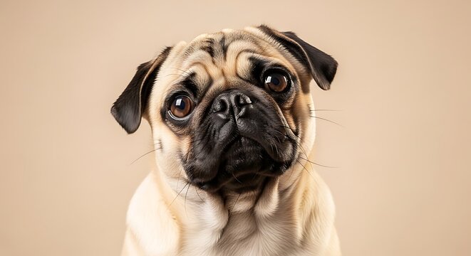 Cute Pug Dog Portrait Closeup Photo.