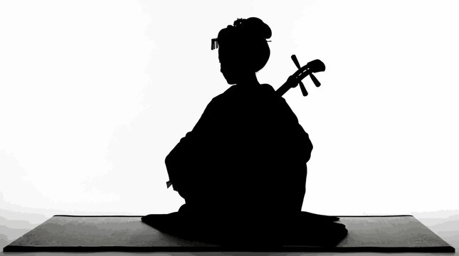 Silhouette of a woman in traditional Japanese clothing sitting on a mat with a shamisen