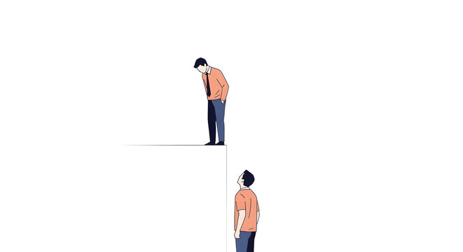 Conceptual illustration of businessman looking down from height at another man below, inequality and hierarchy