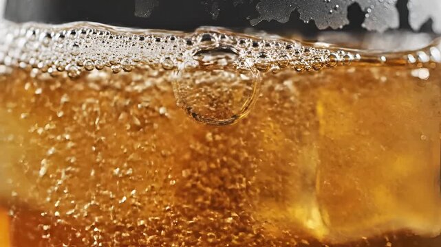 Close up of amber liquid with bubbles and foam being poured into a glass.