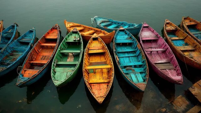 Colorful wooden boats on water.
