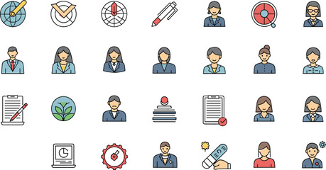 Fototapeta premium Business people and office flat icon set with avatars documents targets and corporate symbols