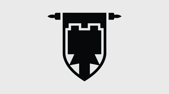 black silhouette of a shield with a castle and banner