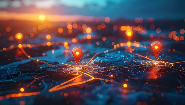 Glowing world map with location pins highlighting global connectivity, navigation, and digital tracking across continents.