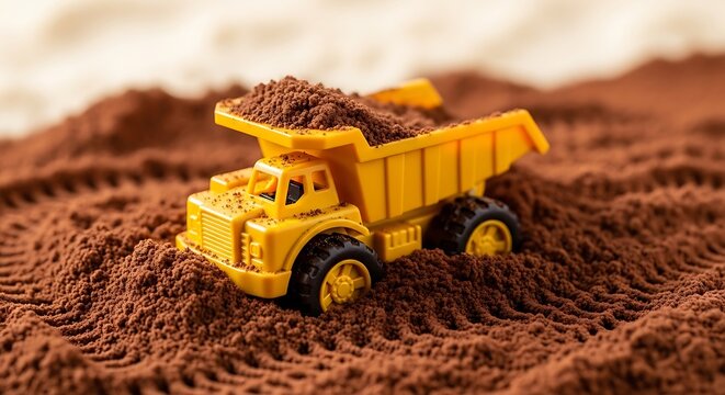Yellow Toy Dump Truck Carrying Brown Cocoa Powder
